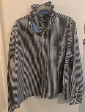 Upcycled Mens Chaps Black and White Striped Button-Up Shirt with Blue Trim